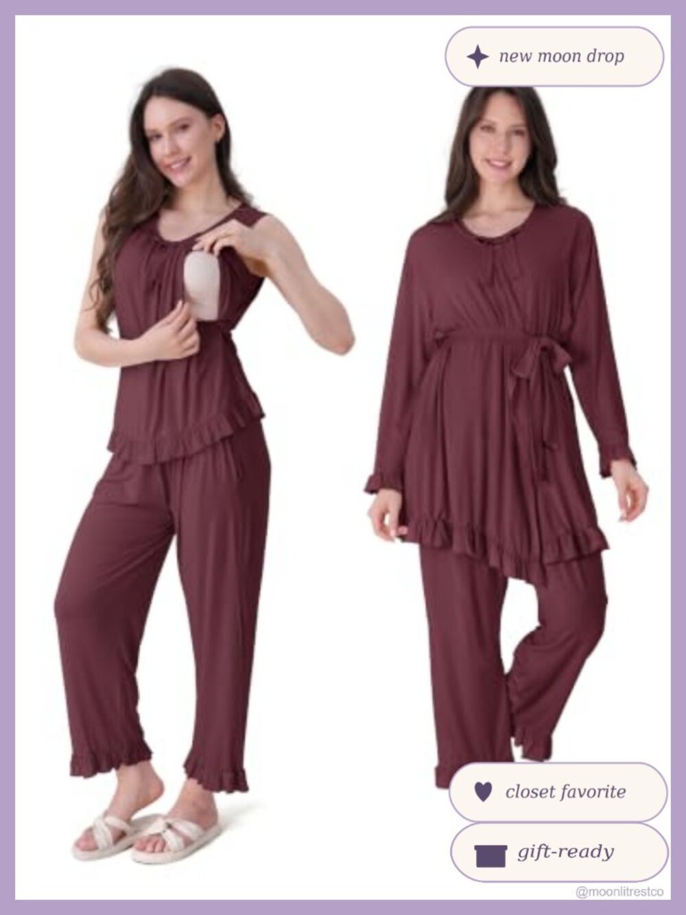 3 PC Maternity Nursing Pajama Set Ruffle Robe Postpartum Sleepwear